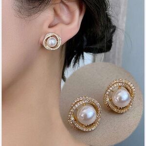 Anthropologie Gold and White Pearl Stud Earrings